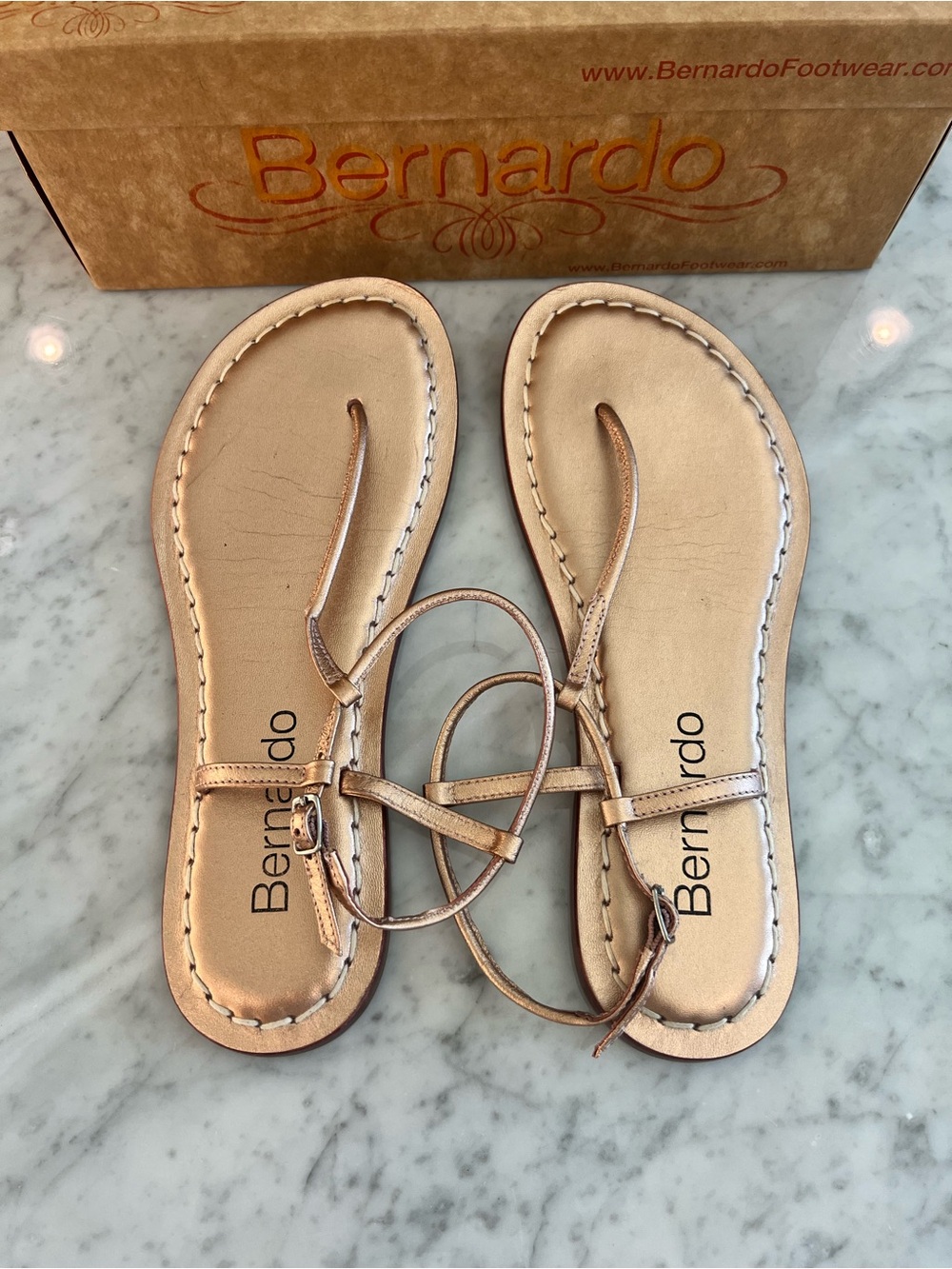 Bernardo Metallic Rose Gold Leather Strap Sandals